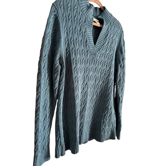L.L. Bean Women’s Chunky Cable Knit Blue Split Neck Long Sleeve Sweater Large - Picture 3 of 7